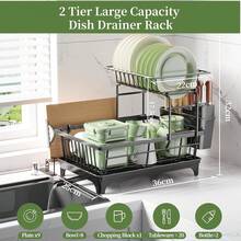 PKBD 2 Tier Dish Drainer Rack, Space Saving Draining Board Rack For Kitchen Counter, Rustproof Sink Drainer Racks With Utensil & Cutting Board Holder, Multifunctional Kitchen Dish Drying Rack, Black - Black - View 2