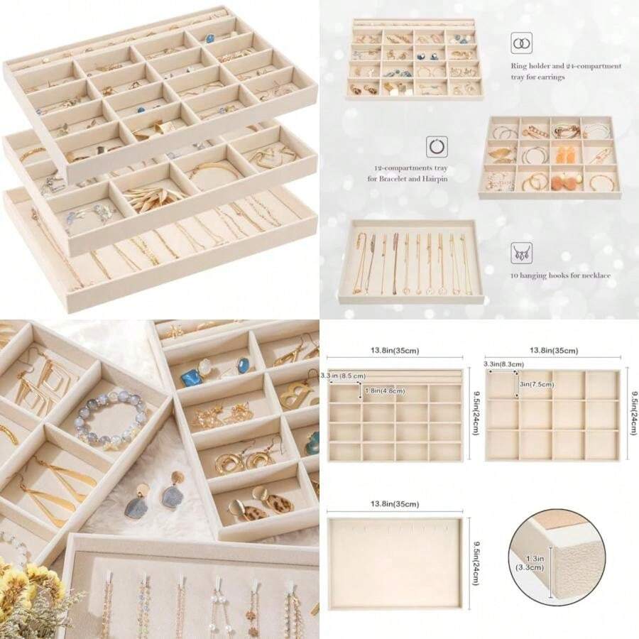 Procase 3 Bandejas Organizadora para Joyería, Apilables para Cajón Tocador Armario, Exhibidor de Collares Pendientes Pulseras Anillos Relojes, Regalo para Mujeres y Niñas -(Beis) - Multicolor - Ver 1
