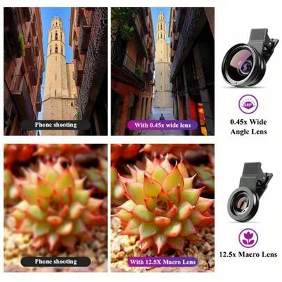 2-In-1 Universal HD Smartphone Camera Lens Kit - Professional 37mm Clip-On Wide Angle And Macro Lens, Aluminum Alloy, 0.45X Super Wide Angle Lens And 12.5X Macro Lens, Compact And Portable, Suitable For Outdoor Travel, Compatible With Most Phones