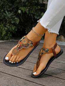 Women's Bohemian PU Leather Beaded Button Sandals, Slip-On Thong Casual Beach Vacation Shoes, Suitable For Spring/Summer Daily Wear - Brown - View 6