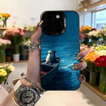 Cubierta de teléfono con diseño de barco y perros en el agua azul para iPhone 14 Pro Max funda protectora estilo artístico para uso diario y regalo,Aplicable a los teléfonos de la serie Apple y Galaxy - Negro - Ver 1