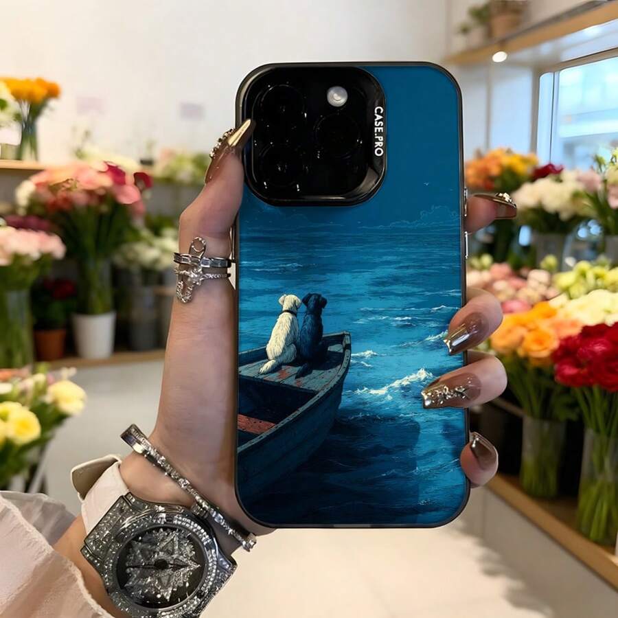 Cubierta de teléfono con diseño de barco y perros en el agua azul para iPhone 14 Pro Max funda protectora estilo artístico para uso diario y regalo,Aplicable a los teléfonos de la serie Apple y Galaxy - Negro - Ver 1