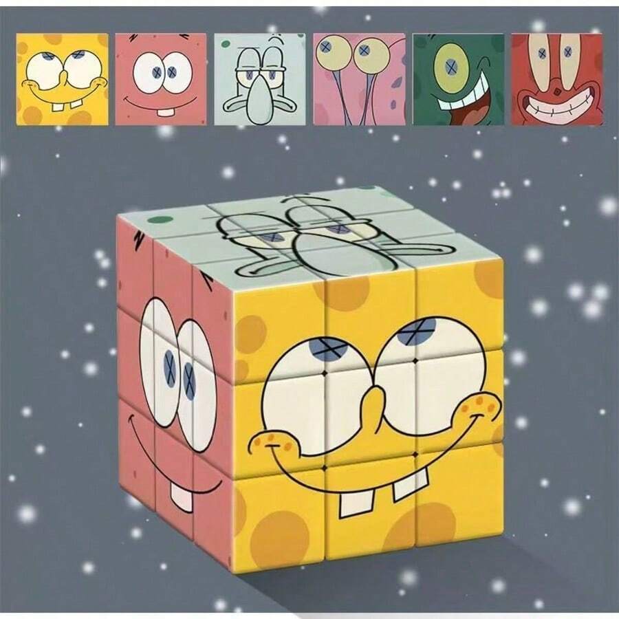 SpongeBob SquarePants 1个海绵宝宝派大星卡通3x3x3魔方，创意高品质，6种不同表情，也可作装饰品 - 彩色 - 查看 1