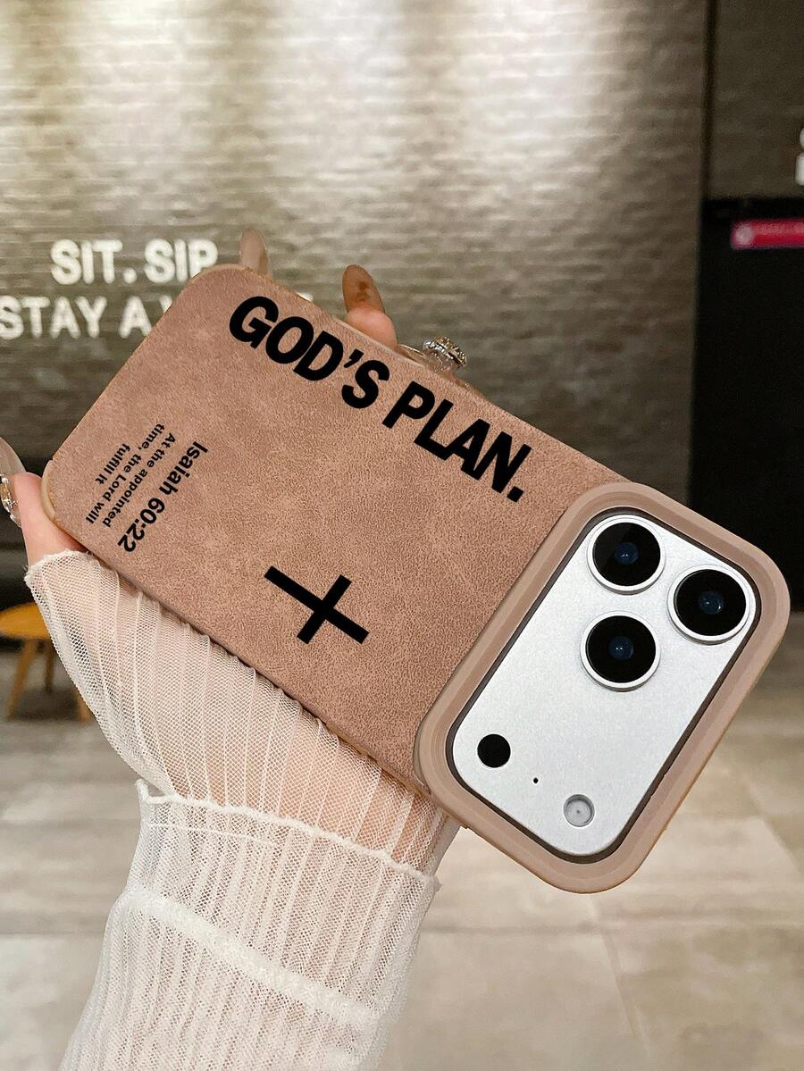 基督教信仰美学棕色绒面革防震手机壳，印有“上帝的计划”和十字架圣经经文，适用于 17 Pro、13、15、16、14、17 Pro Max
