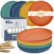 Wrova - Platos de paja de trigo irrompibles de 10 pulgadas juego de 8 platos de plástico para lavaplatos y microondas reutilizables platos ligeros para cocina camping serie colorida p-04 - Seriecoloridanaranjaamarilloazulverde - Ver 2