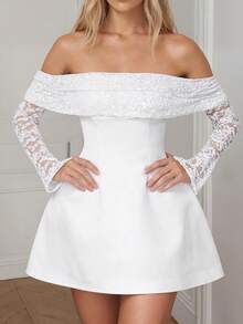 Sexy Off-Shoulder Mini Dress With Sheer Lace Sleeves, Suitable For Women's Evening Party, White Dress - White - View 7