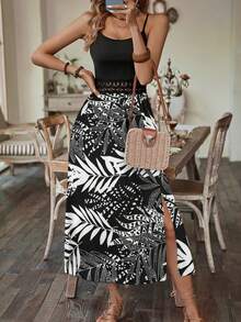 Ladies' Plant Printed Backless Waist Hollow Slit To Thigh Camisole Dress (Random Pattern) - Black and White - View 6