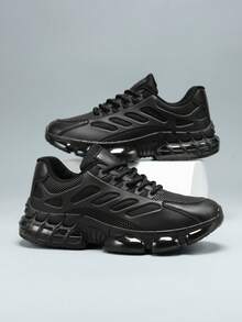 男士新款皮革网布系带黑色运动鞋，软底舒适休闲鞋，春夏款 - 黑色 - 查看 1