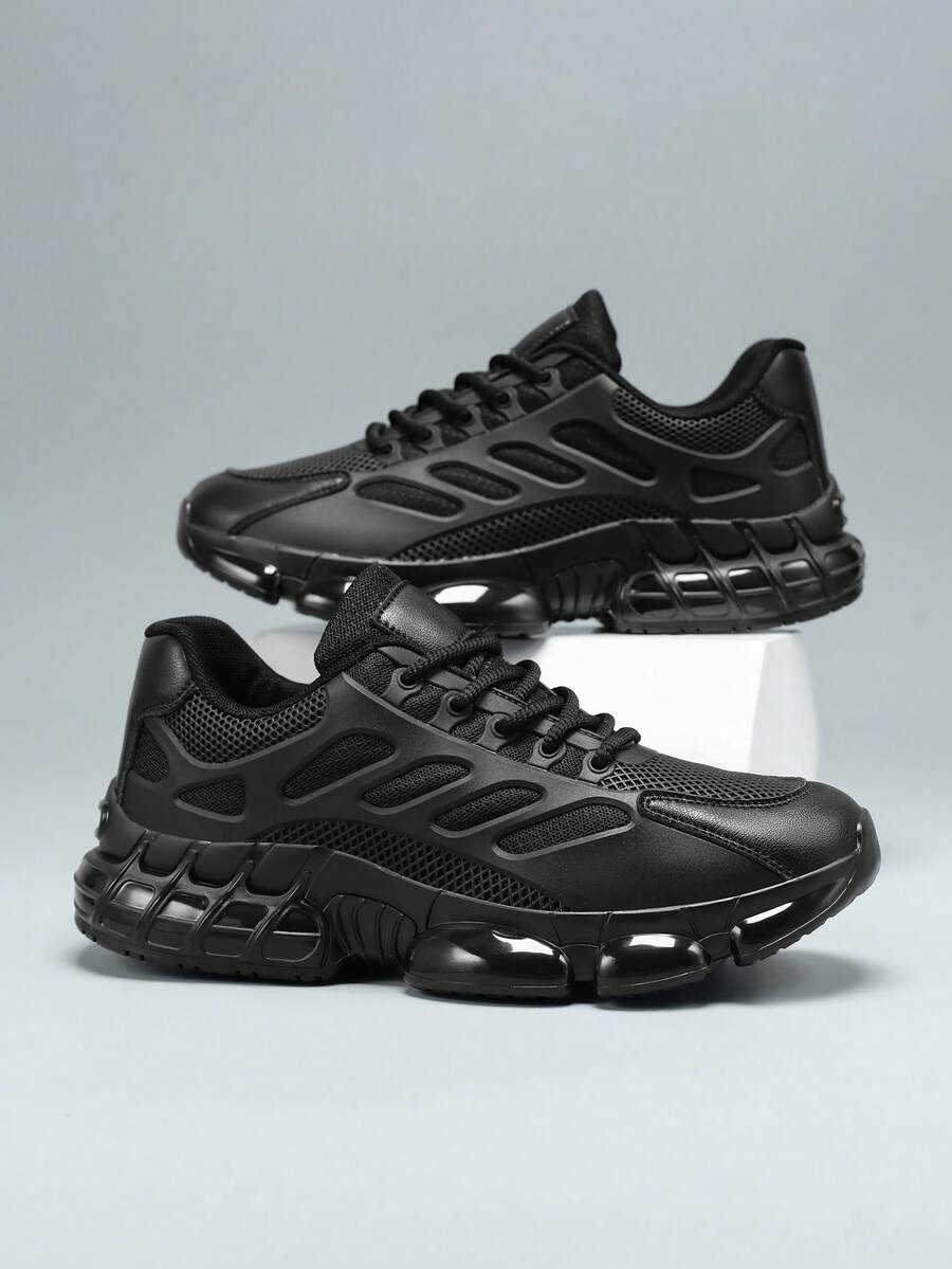 男士新款皮革网布系带黑色运动鞋，软底舒适休闲鞋，春夏款 - 黑色 - 查看 1