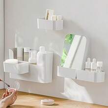 1pc Wall Mounted Storage Cabinet With Door, Includes Hooks For Cling Film And Storage Bags, Suitable For Office And Kitchen, Easy Installation No Drilling Required - Multifunctional Bathroom Essentials, Cosmetics Shelf - Classic Model With Window, Baskets, Boxes And Containers, 1-4pcs Storage Boxes - White - View 3