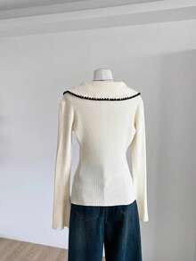 Stylish Collared Tie-Front Contrast Trim Flare Sleeve Knit Pullover Top - Apricot - View 5