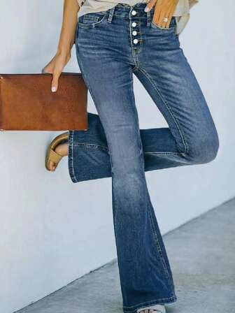 Fashion Women Solid Color Minimalist Daily Button Fly Denim Bell Bottoms For Casual Wear