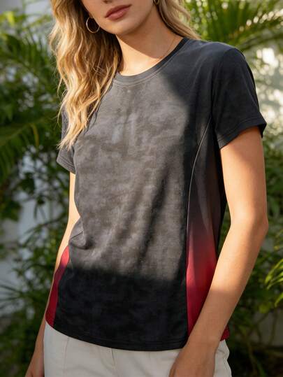 Women's Ombre Short Sleeve T-Shirt, Round Neck, Suitable For Summer Daily Or Casual Sports Wear