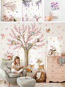 BRUP 1/2/3pcs Cartoon Forest Animal Wall Stickers Set, Includes Owl, Raccoon, Deer, Fox, Rabbit, Removable Floral Tree Wall Decals For Nursery, Bedroom Decor - Multicolor - View 1