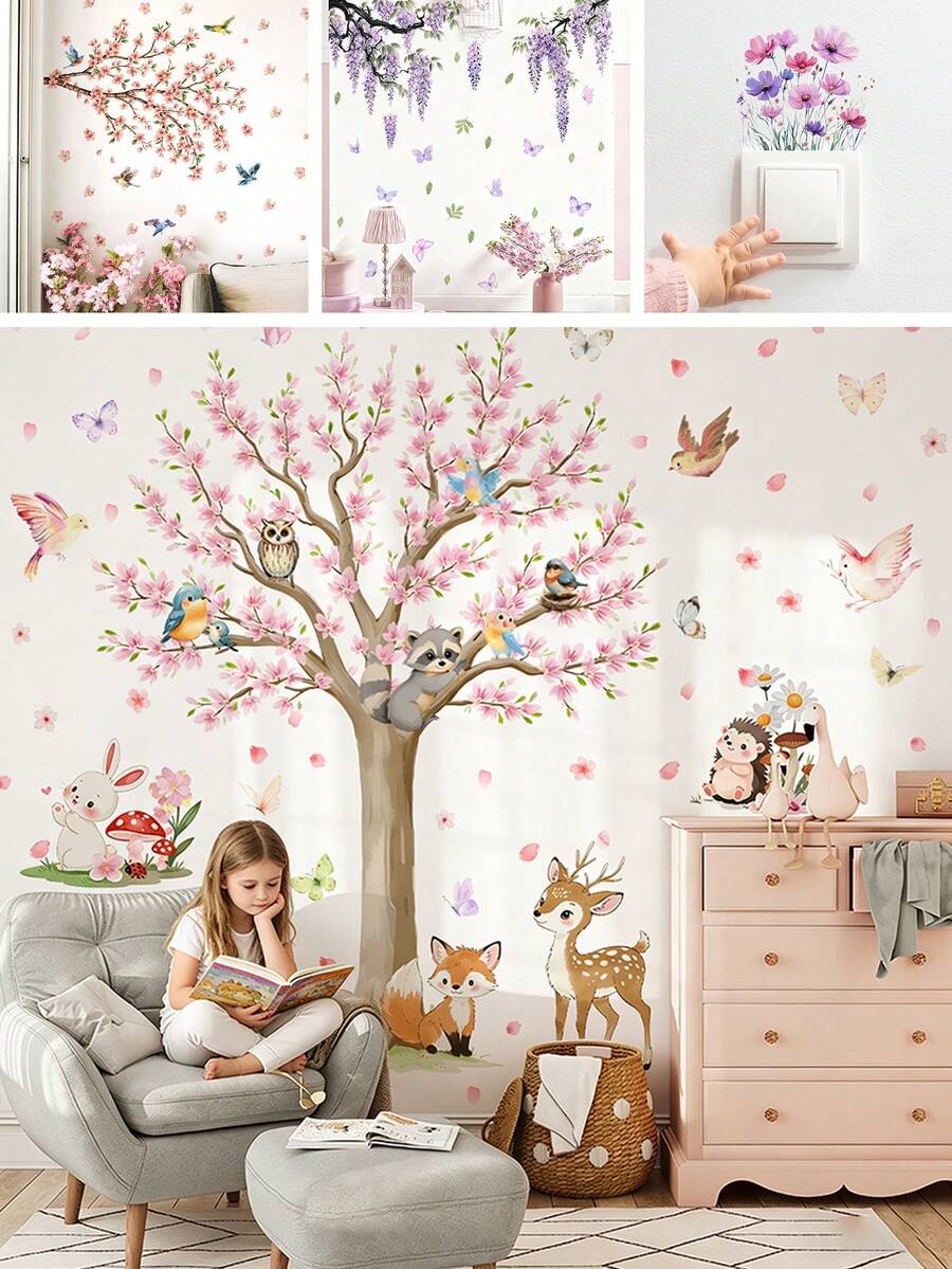 BRUP 1/2/3pcs Cartoon Forest Animal Wall Stickers Set, Includes Owl, Raccoon, Deer, Fox, Rabbit, Removable Floral Tree Wall Decals For Nursery, Bedroom Decor - Multicolor - View 1