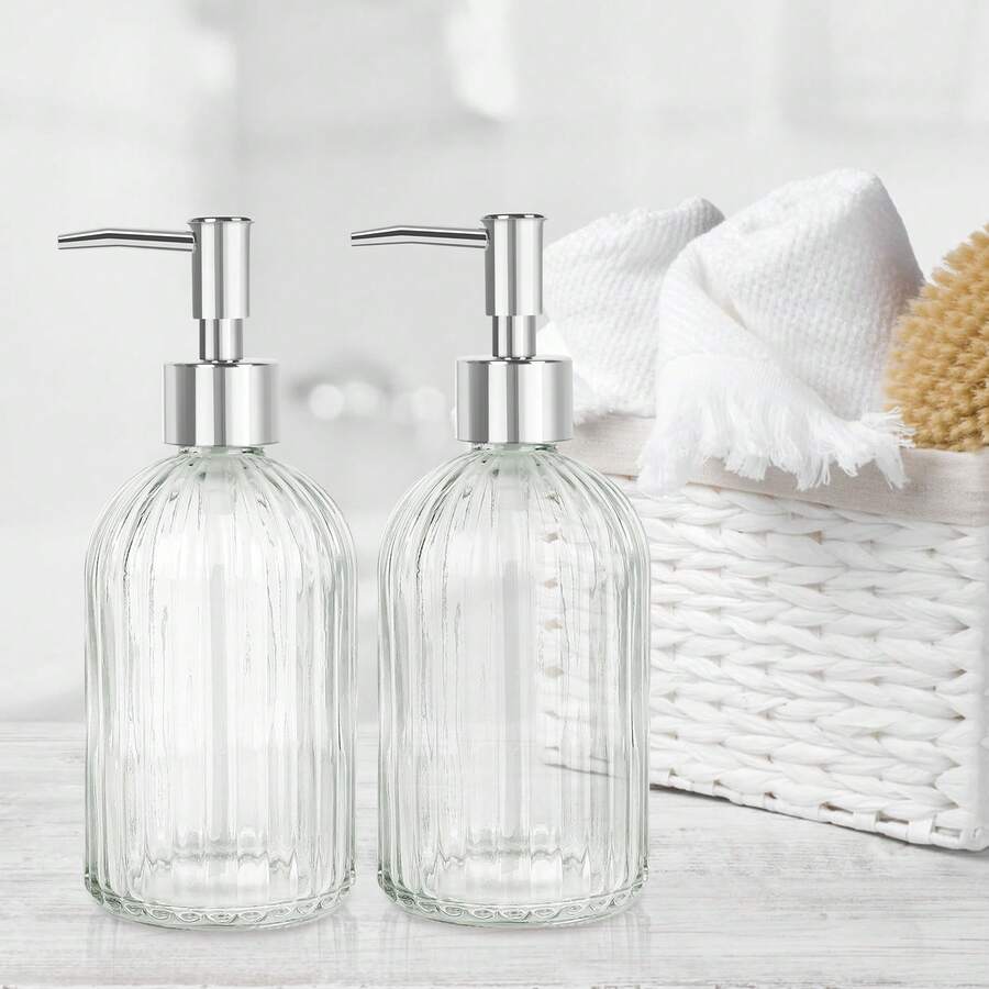 2-Pack Glass Soap Dispenser - 400ml UV Protection Refillable Bottles With Black Rust-Proof Pump For Hand Soap, Lotion, Oil, Kitchen & Bathroom Essentials - 透明 - 查看 1