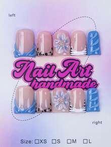 10片装Y2K鸭嘴美甲贴片套装 - 手工制作，蓝色美甲贴片，粉色美甲贴片，蓝白渐变法式美甲贴片，手工3D花朵美甲贴片，3D花朵美甲，手绘3D水滴设计美甲用品手工贴片 - 藍色 - 查看 1