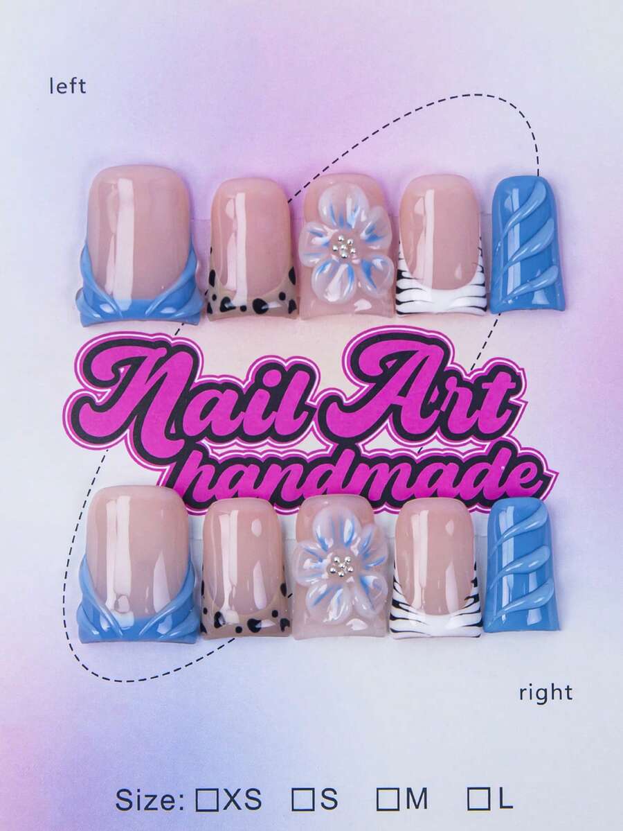 10片装Y2K鸭嘴美甲贴片套装 - 手工制作，蓝色美甲贴片，粉色美甲贴片，蓝白渐变法式美甲贴片，手工3D花朵美甲贴片，3D花朵美甲，手绘3D水滴设计美甲用品手工贴片 - 藍色 - 查看 1