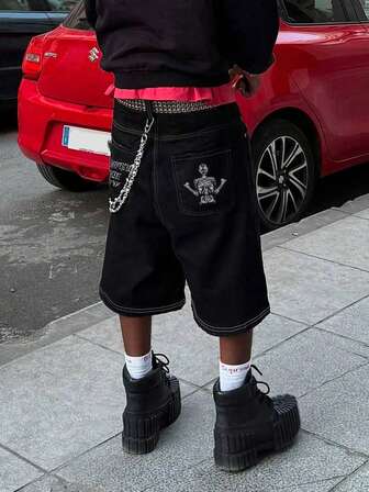男士黑色刺绣字母先锋街头休闲七分长牛仔短裤
