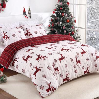 Juego de Funda Nórdica de 104"x90", Ropa de Cama Navideña Roja y Blanca con 2 Fundas de Almohada de 20"x36", Cubrecolcha Suave