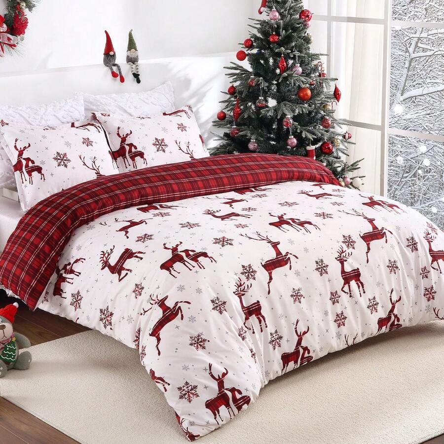 Juego de Funda Nórdica de 104"x90", Ropa de Cama Navideña Roja y Blanca con 2 Fundas de Almohada de 20"x36", Cubrecolcha Suave - Rojo - Ver 1