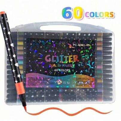 12/24/36/48/60 Colors Glitter Markers - Single Tip Soft Brush Pens, Pearlescent Glitter Watercolor Pens, Bleed-Proof Highlighters | Ideal For Calligraphy, Art Projects, Crafts, Scrapbooking, Holiday Cards, New Year & Back To School Gifts Highlighter Set