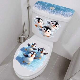 1 pezzo Adesivo per WC stile oceanico a tema pinguino cartoni animati, adesivo decorativo divertente e impermeabile per bagno, decalcomania da parete con animale carino, decorazione per la casa
