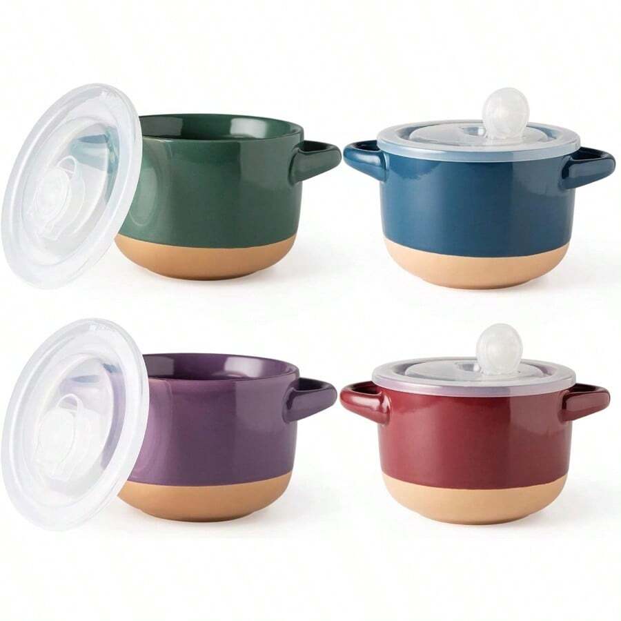 AmorArc - Cuencos de sopa de 24 onzas con asas y tapas grandes juego de 4 cuencos de gres para sopa cereales guiso fideos coloridos cuencos de cerámica para cocina aptos para microondas y - Multicolor2 - Ver 1