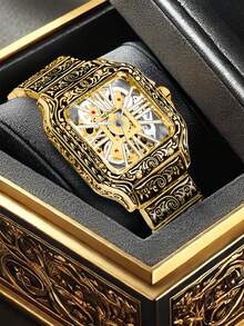 1件男士复古宫廷风格镂空雕刻机械表，配全不锈钢表带