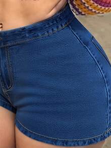 Women's Bestseller Stretchy High Waist Butt Lifting Classic Denim Shorts For Women - Sexy Curvy Fit | Elastic Fabric | Perfect For Summer Outings/Date/Party Outfits - 深色水洗藍 - 查看 4