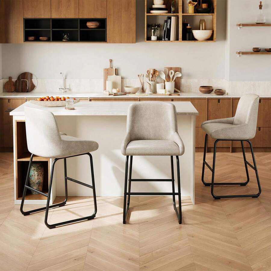 Techigher PU Leather Bar Stools Set, Industrial Pub Barstools With Back And Footrest, Modern Bar Height Stool Chairs For Dining Room Kitchen Island - Grey 3pcs - View 1