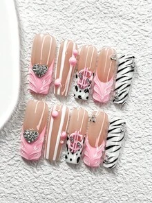 10pcs Y2K French Manicure Set, Acrylic Press-On Nails, Shiny Faux Pearl Hearts, Pink Dollar Signs, Silver Studded Nail Decor, Black & White Stripes, Black Leopard Print, White Water Drops, White, Nude, Pink Nail Polish, Great Gift For Women & Girls, Includes Nail Tools Nail Supplies Handmade Press On Nails - Nhiều màu - Xem 12