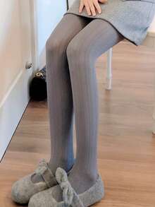 1 Pc Women's Casual Versatile Grey Textured Leggings With High Elasticity, Retro Patterned Pantyhose For Spring And Autumn - Grey - View 4