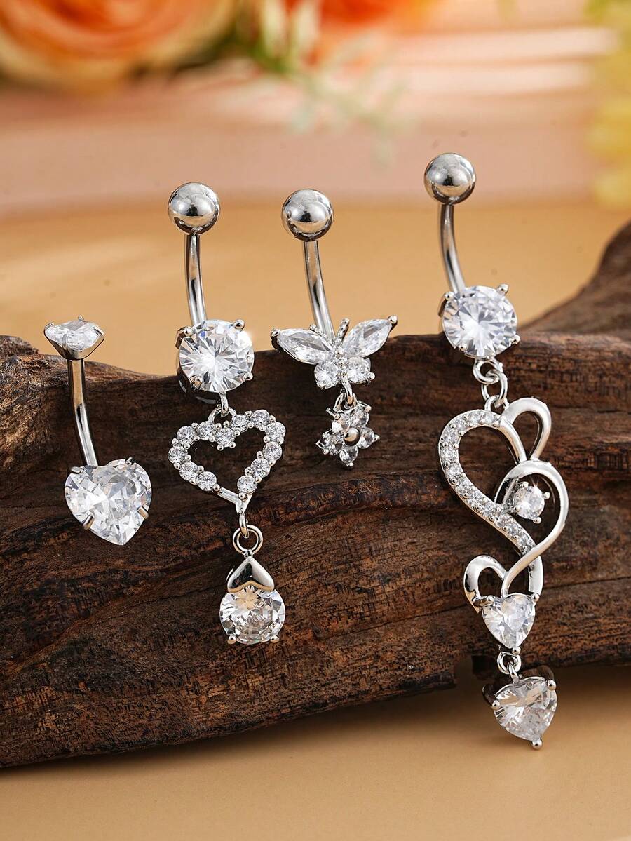 4件套不锈钢蝴蝶双心锆石肚脐环饰品套装，性感穿孔饰品，适合日常佩戴 - 銀色 - 查看 1