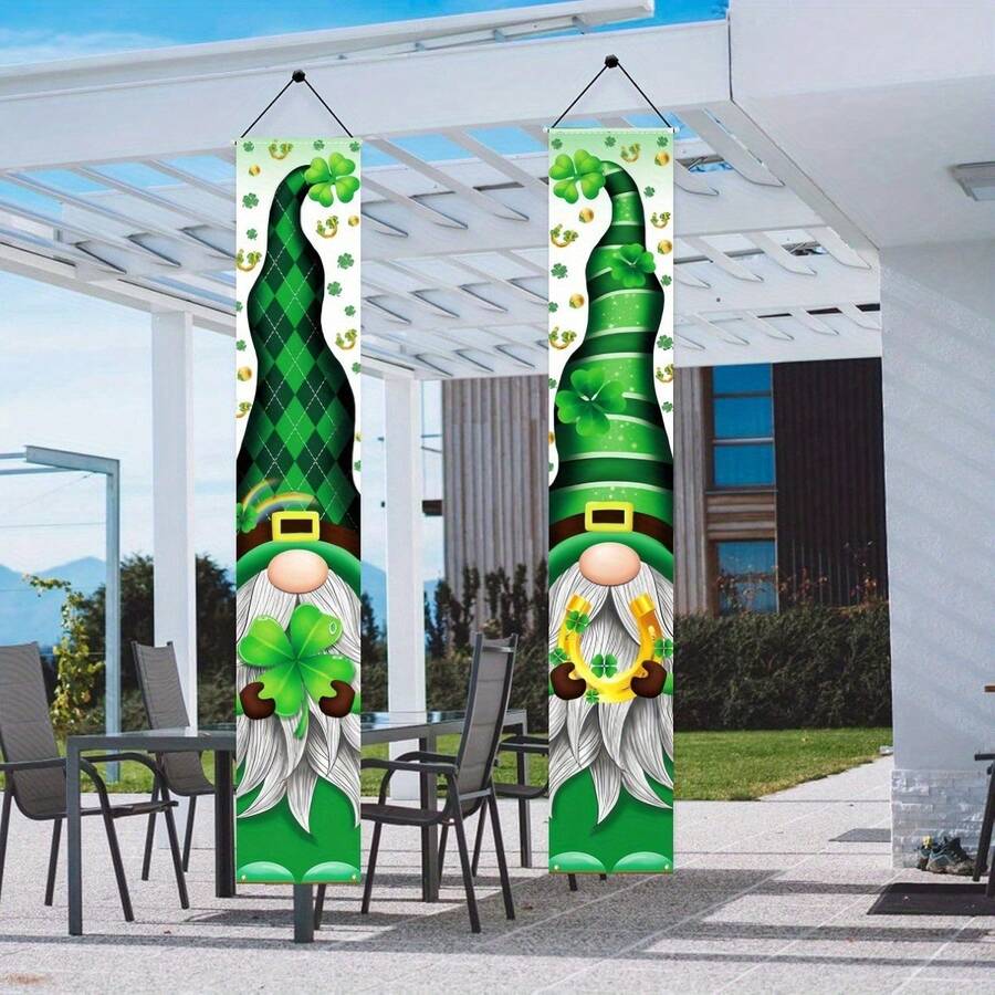 1 Pair St. Patrick's Day Clover Leprechaun Garden Flags, Indoor Outdoor Porch Decor, Polyester, Spring Party Accessory, 12x70.8 Inches - Multicolor - View 1
