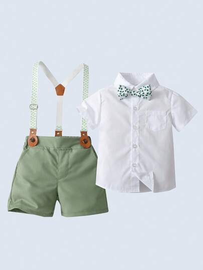 BOARNSEORL Set de 2 piezas Conjunto de niño pequeño estilo caballero - Camisa de manga corta con corbata de moño y pantalones cortos con tirantes verdes, elegante y de moda, adecuado para fiestas de cumpleaños, ocasiones formales, bodas, actuaciones de coro, etc.