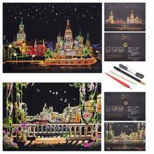 Scratch Painting Rainbow Paper by BOTEEN Scratch DIY Art Craft City Series Night View Creative Gift Scratchboard for Adults and Craft Kits with 4 Tools 16''x11'' 4 Pack - Chiang Mai, Plaza Roja, Venecia, Capadocia - Ver 1
