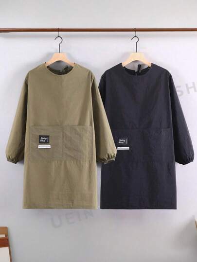 1件大口袋长袖围裙，时尚新款防水防污围裙，适用于家庭、餐饮和工作场合。