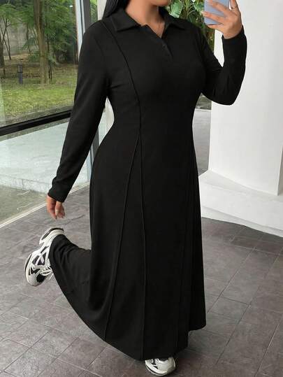 Plus Size Women Elegant Casual Waist Cinched Collared Button Down Knit Dress