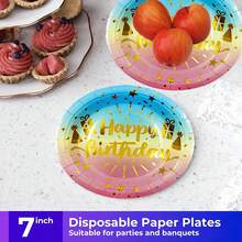 Happy Birthday Theme 20/40/60/80 Disposable Tableware Set, Including 7-Inch Paper Plates, 9-Inch Cardboard, 9-Ounce Cups, Napkins, Suitable For Daily Gatherings, Birthday Parties, Bridal Showers, Baby Showers, Clubs, Weddings, Tea Parties, Picnics, Outdoor Outings, And Themed Parties. - Multicolor - View 4