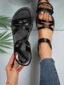 New Plus Size Women Comfortable Simple Round Toe Criss-Cross Elastic Band Outdoor Flat Slide Sandals, Casual Fashion Slip-On Beach Vacation Summer Shoes - Black - View 1