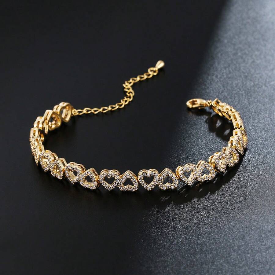 1pc Elegant Luxurious Gold-Plated Hollow Heart Tennis Bracelet, Sparkling Cubic Zirconia Micro-Inlaid Chain Link Bracelet, Hypoallergenic Adjustable Women & Girls Jewelry, Great Gift For Valentine's Day, Christmas, Wedding And Party - Heart to Heart - View 1