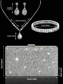 Elegant Women's Rhinestone Evening Clutch, Sparkling Luxury Rhinestone Jewelry Set Sparkling Necklace Earrings Bracelet Set Glitter Charming Clip Box Bag, Set Of 4 Rhinestone Ear Clips Bridal Wedding Choker Bracelet Pendant, Sparkling Purse, Perfect For Party, Wedding, Prom, Dinner/Banquet, Wedding Dress, Formal Wear, Prom Dress, Birthday Dress - Silver - View 4