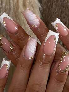 24片长方形3D立体凝胶花朵美甲贴纸，珍珠装饰，白色法式按压式亚克力假指甲。套装包含：1瓶凝胶和1把指甲锉。夏季美甲，让您的指尖闪耀动人，适合女性日常工作和派对场合。 - 彩色 - 查看 8