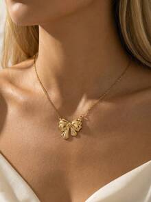 1 pieza Elegante collar con colgante de flor 3D, estrella martillada, lazo en forma de corazón, de acero inoxidable chapado en oro de 18K, cadena de clavícula hipoalergénica, adecuado para el uso diario de las mujeres, versátil y regalo para días festivos - Dorado - Ver 8