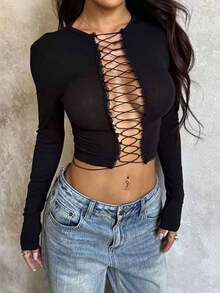 Blouse décontractée à manches longues, col noué, couleur noire unie, style sexy, pour femmes, été - Noir - Voir 3
