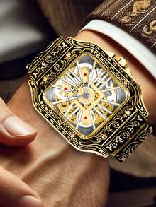 1件男士复古宫廷风格镂空雕刻机械表，配全不锈钢表带