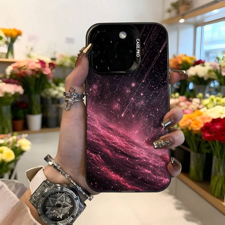 Cubierta de teléfono con diseño de galaxia rosa y negro para iPhone 14 Pro Max funda protectora con estampado espacial brillante ideal para amantes del universo y estilo moderno,Aplicable a los teléfonos de la serie Apple y Galaxy - Negro - Ver 1