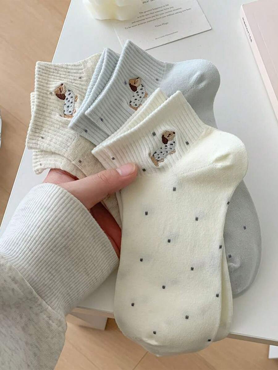 10双装女士黑白灰腊肠犬刺绣薄款透气罗纹短袜，居家、通勤、约会、节日礼物的理想之选 - 彩色 - 查看 1