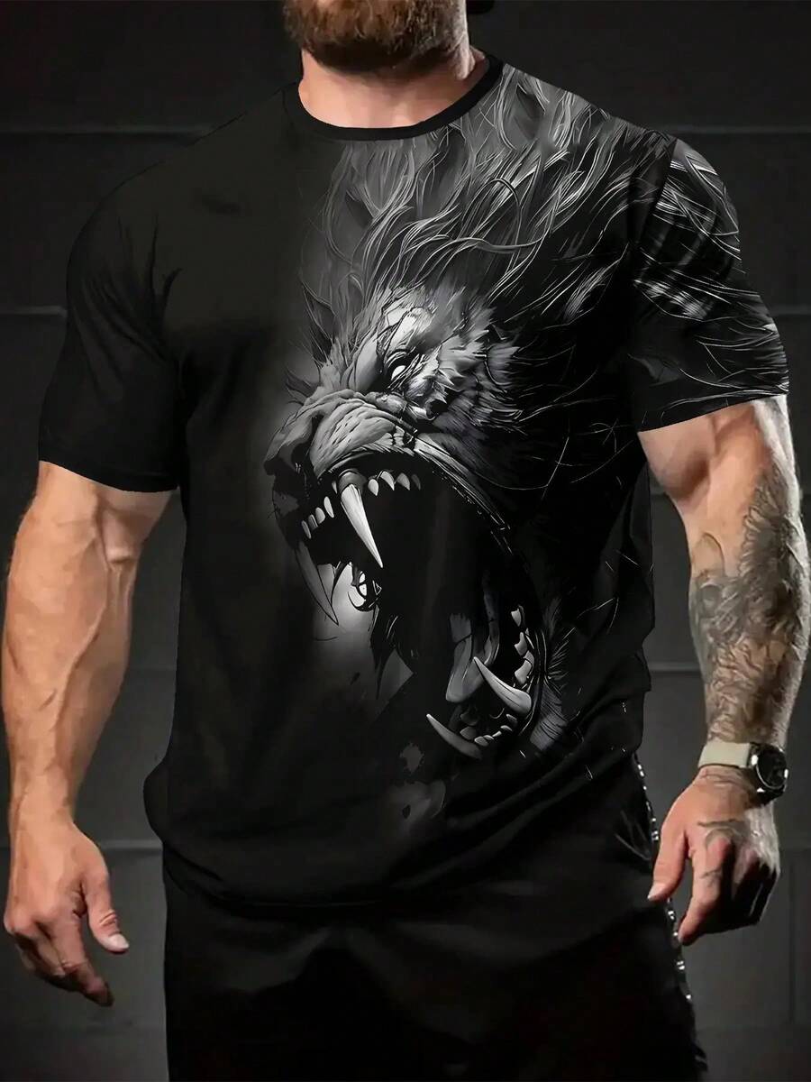 Men'S 3D Lion Graphic-Shirt - Black & Gray Contrast Print, Breathable Short Sleeve Round Neck Casual Shirt, Washable Summer Outdoor Tee Sports & Casual Attire, Comfortable Clothing, Durable Artistic Design - 混合色 - 查看 1